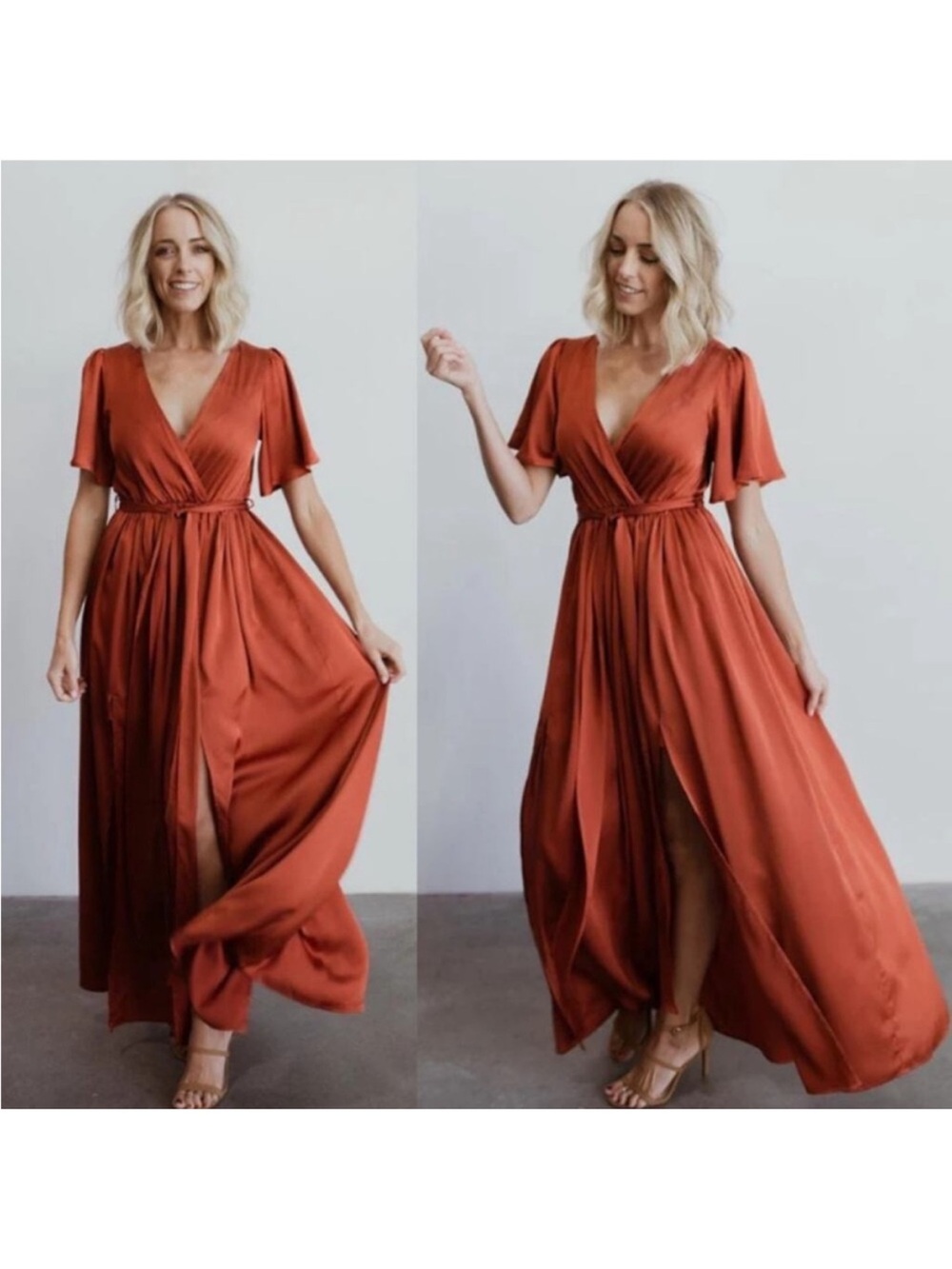 Baltic Born Sicily Satin Maxi Wrap Dress Rust Flutter Sleeve Tie wedding XL - Picture 3 of 14